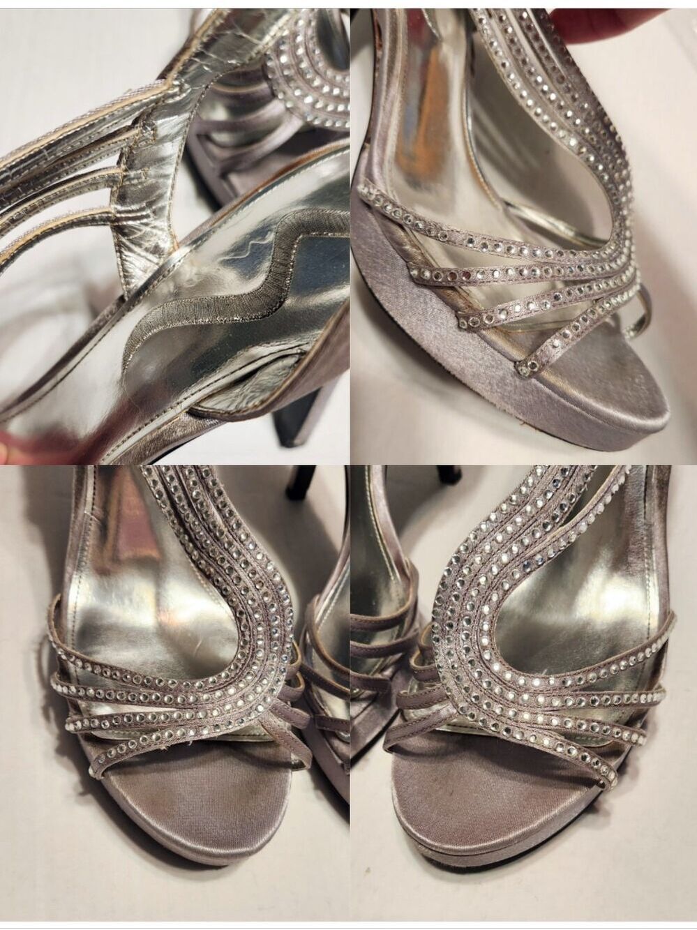Nina Satin Rhinestone Strappy Sling Back Stiletto Dressy Party Sandals Silver 10 - Picture 10 of 11